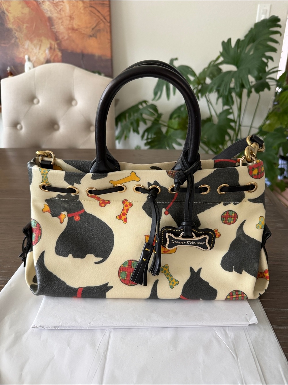 Dooney & Bourke Black & Cream Scottie Dog Print Satchel with Colorful Accents